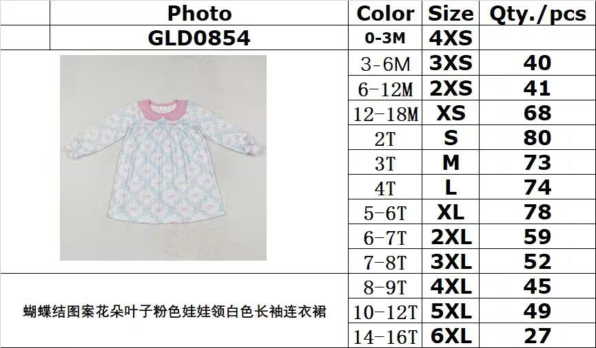 RTS NO MOQ ETA 5/7days arrived GLD0854 Bow pattern flowers and leaves pink doll collar white long sleeve dress