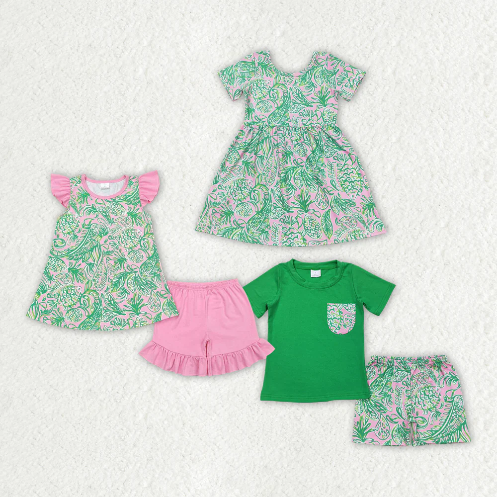 Baby Girls Green Leaves Fish Boys Sibling Summer Outfits Clothes Sets