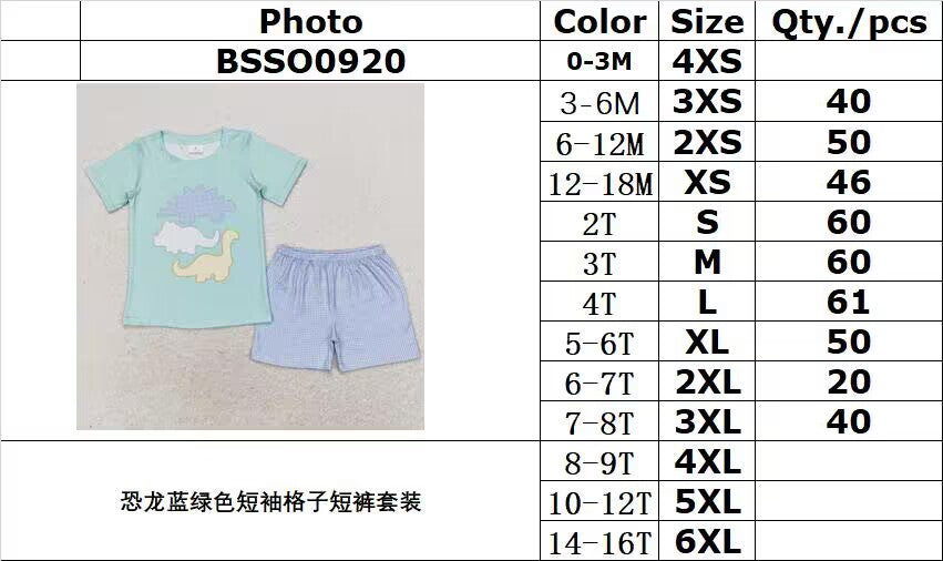 rts no moq BSSO0920 dinosaur blue green short-sleeved plaid shorts set