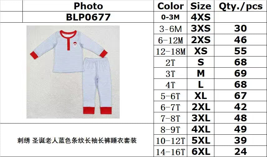 rts no moq BLP0677 Embroidered Santa Claus blue striped long sleeve trousers pajama set