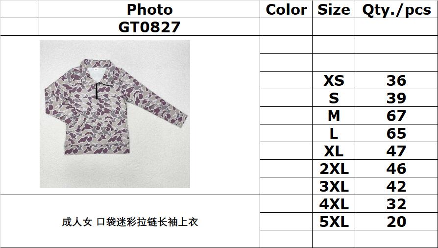 RTS NO MOQ ETA 5/7days Arrived GT0827 Adult female pocket camouflage zipper long-sleeved top