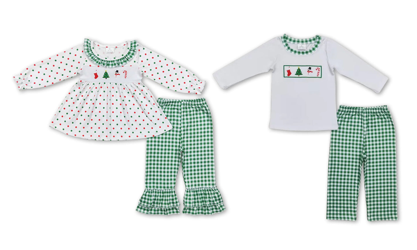 RTS NO MOQ embroidery Embroidered Christmas tree snowman cane white long sleeve green plaid trousers suit