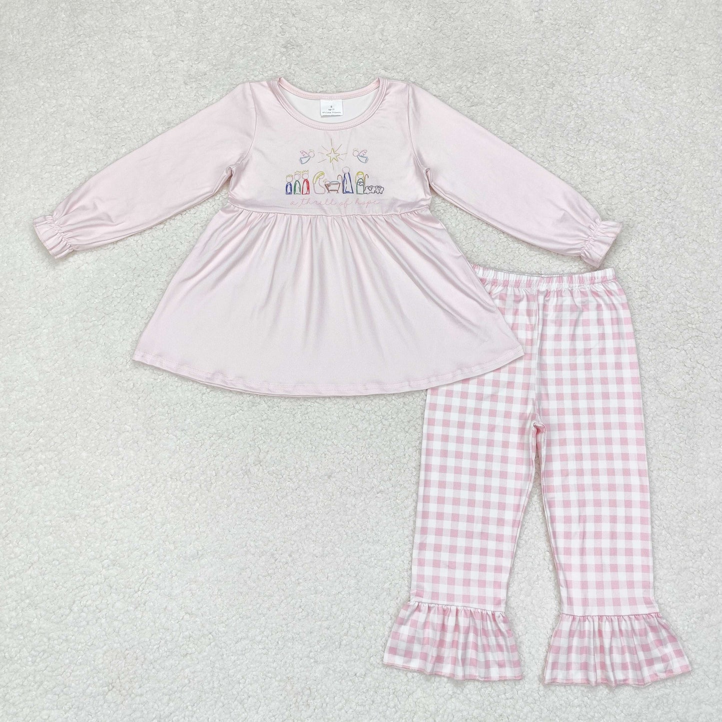 rts no moq GLP1225 Jesus pink long-sleeved plaid trousers set