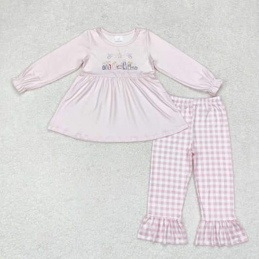 rts no moq GLP1225 Jesus pink long-sleeved plaid trousers set