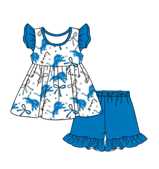 custom moq 3 eta 6-7weeks baby girls clothes team bow blue short Sleeves Shorts Set