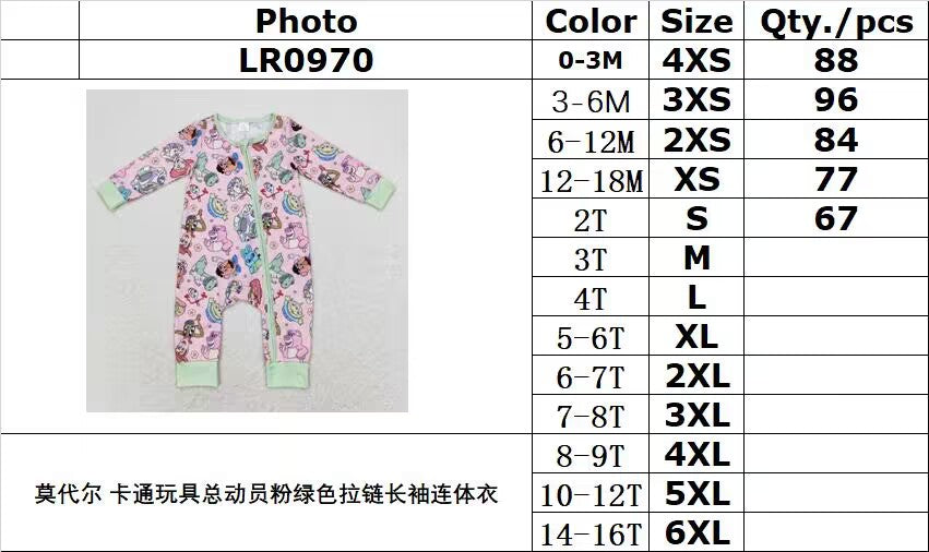 bamboo rts no moq LR0970 Modal cartoon Toy Story pink green zipper long-sleeved jumpsuit