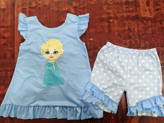 custom moq 5 eta 5weeks mix size Summer girls disney princess blue flying sleeve top shorts suit