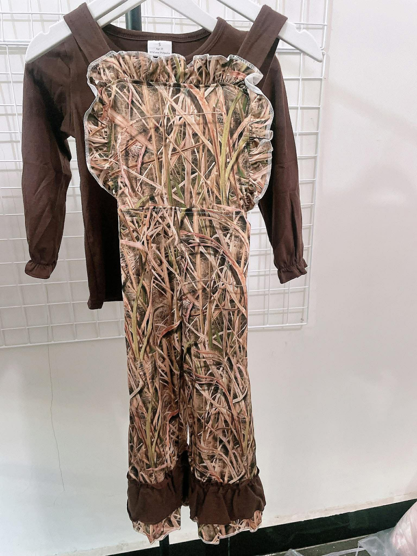 RTS NO MOQ（In Stock) Brown long-sleeved top and overalls set