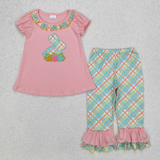 RTS NO MOQ ETA 5/7days Arrived GSPO0974 Embroidered bunny lace pink short-sleeved colorful plaid trousers set