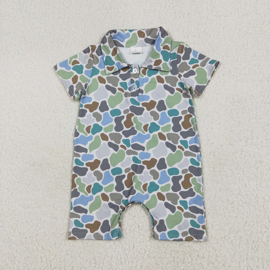 RTS NO MOQ SR2980 Beige short-sleeved jumpsuit with teal camouflage collar and buttons