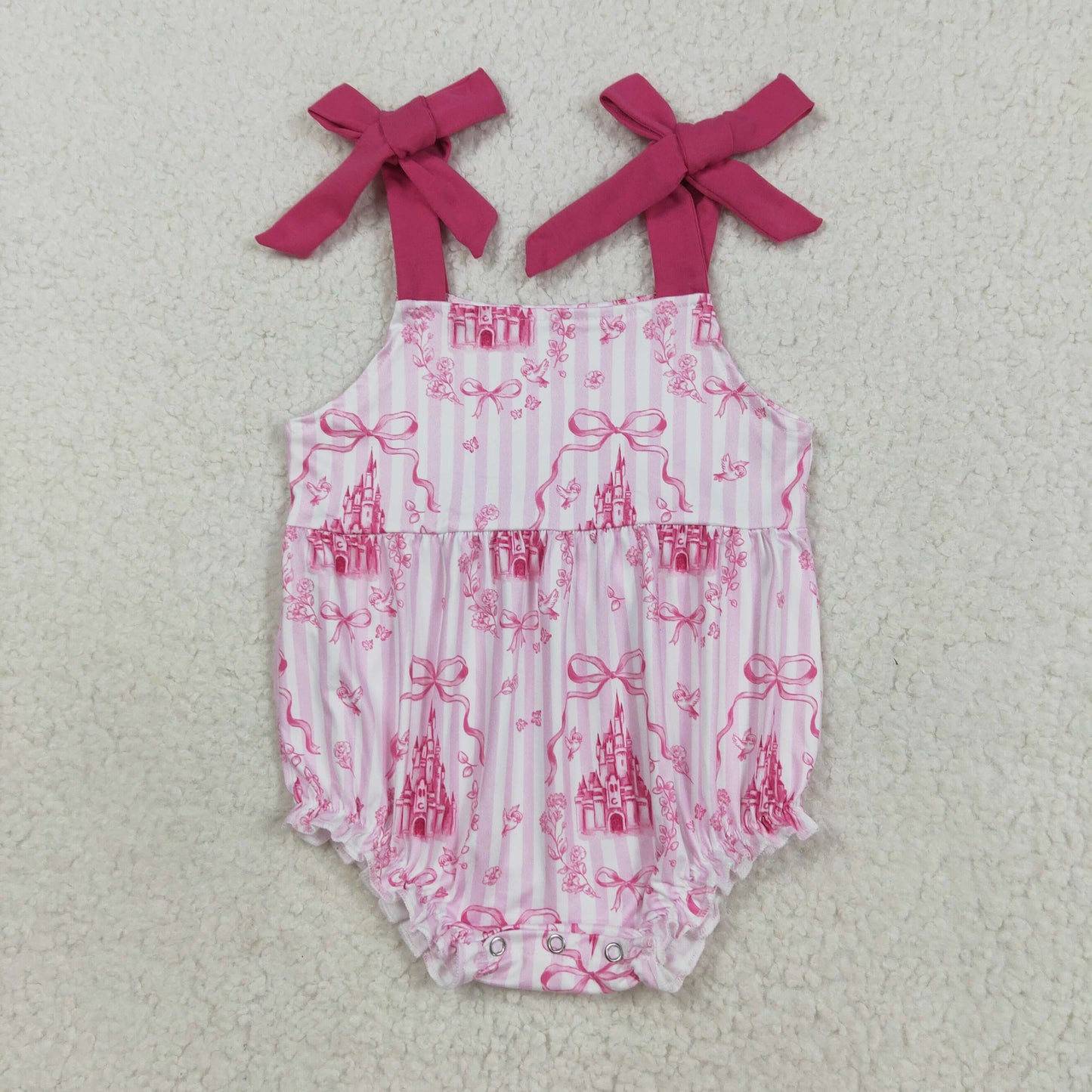 RTS NO MOQ（In Stock) SR3077 Castle bow flowers pink white vertical striped suspender vest jumpsuit