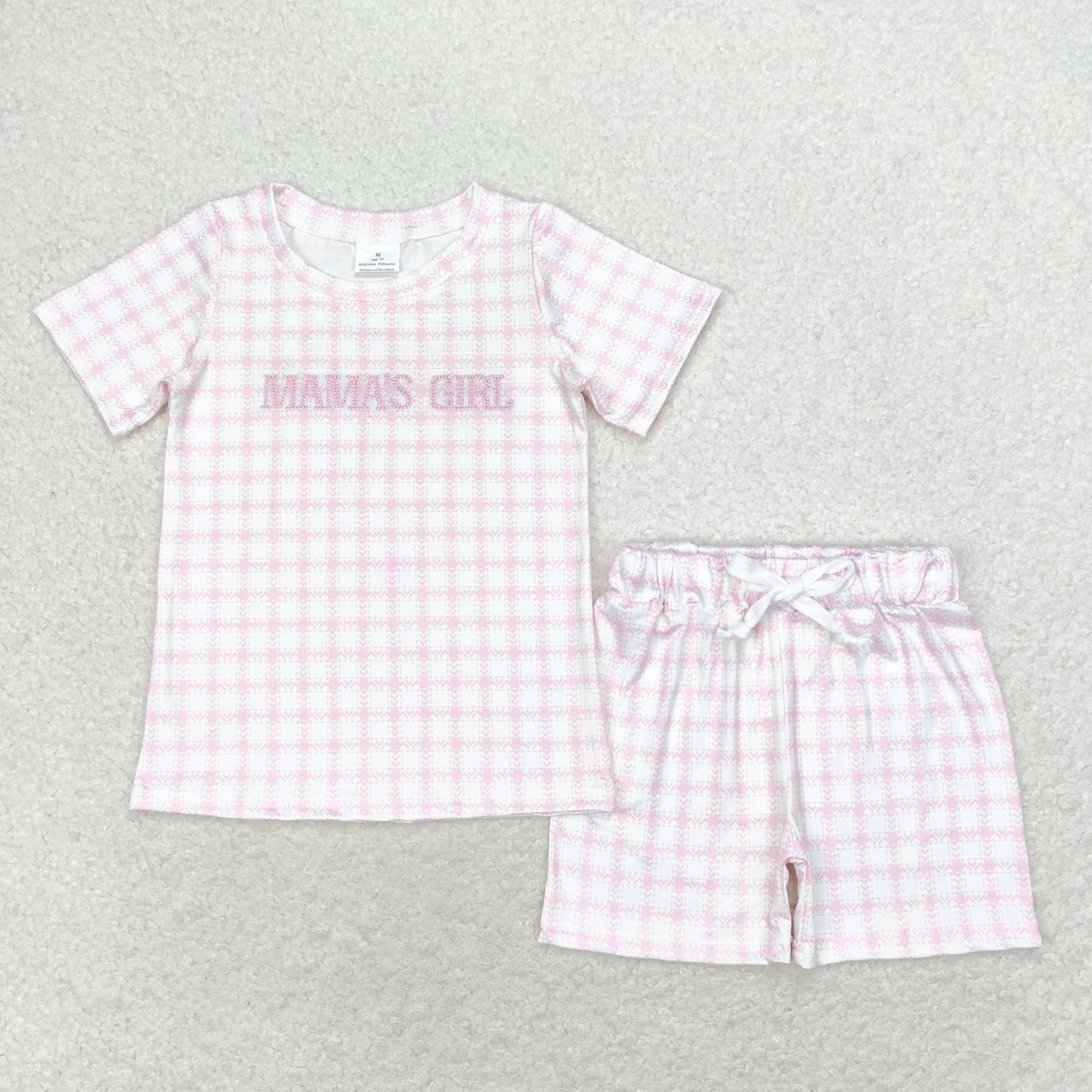 RTS no moq GSSO1236 Mama's girl embroidered plaid pink and white short sleeve shorts set