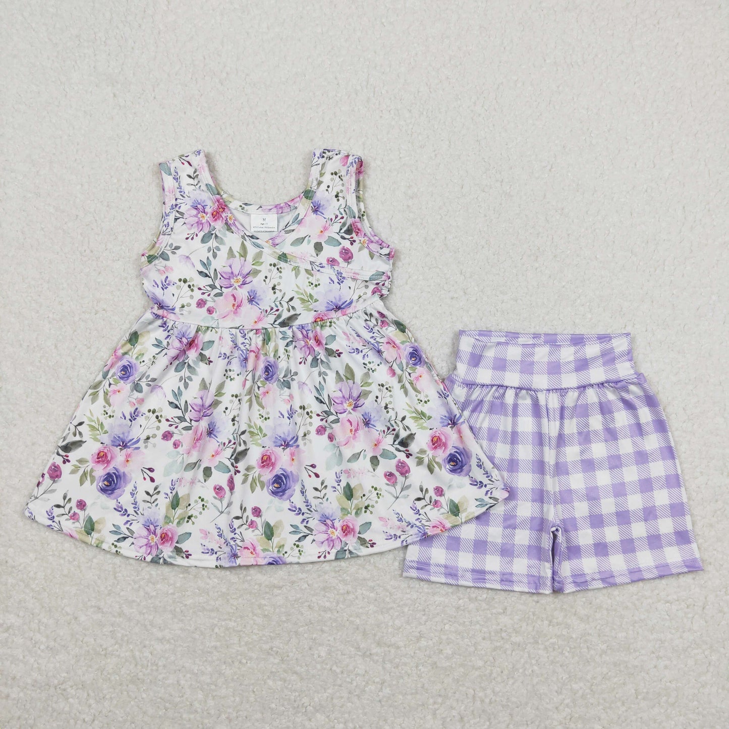 GSSO0742 Floral white sleeveless purple plaid shorts suit