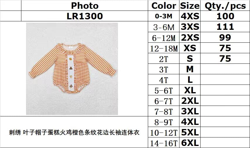 rts no moq LR1300 Embroidery Leaf Hat Cake Turkey Orange Stripe Lace Long Sleeve Bodysuit