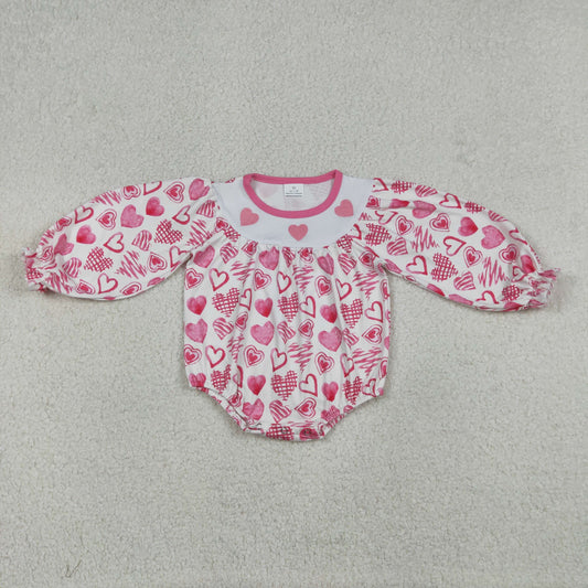 RTS NO MOQ（In Stock) Embroidered Valentine's Day Pink Heart White Long-Sleeve Jumpsuit