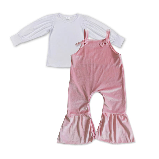 SR0088 Girls pink velvet vest jumpsuit with white top