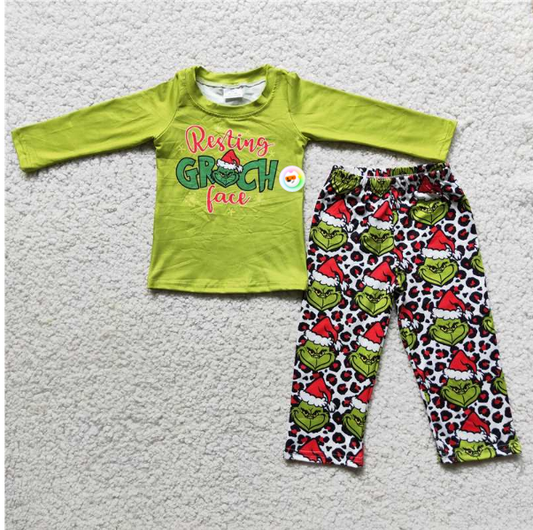 RTS NO MOQ ETA 5/7days arrived 6 C10-37 grinch Green Boys' Long-Sleeved Shirt and Pants Set