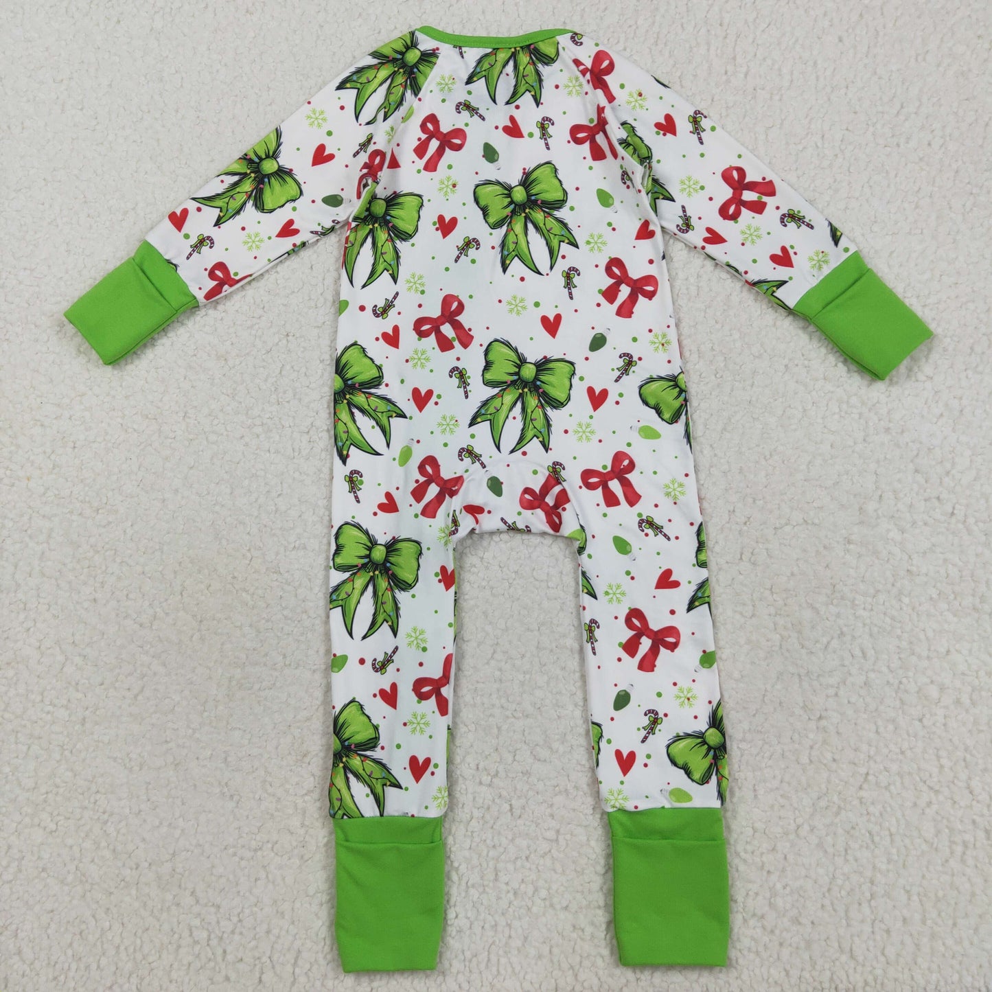 RTS NO MOQ（In Stock) LR2482 White long-sleeved zip-up bodysuit with red and green Christmas heart and bow pattern