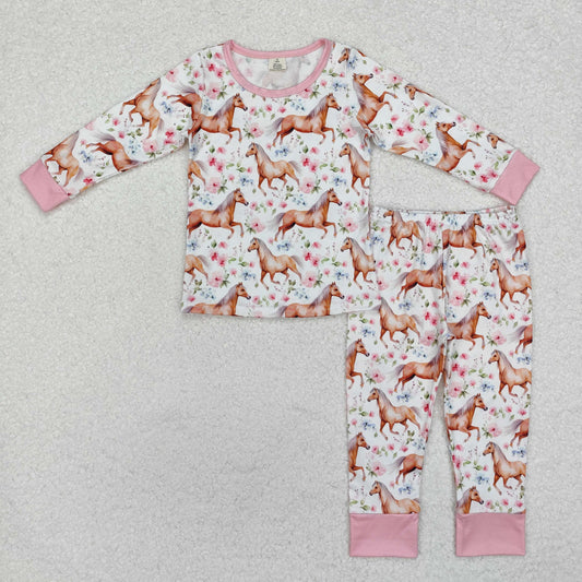 BAMBOO RTS NO MOQ ETA 5/7days Arrived GLP1831 Modal Horse Flower Pink White Long Sleeve Pants Pajama Set