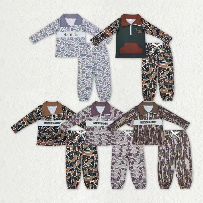 RTS NO MOQ Sibling Baby boy clothes embroidery camouflage long-sleeved trousers suits