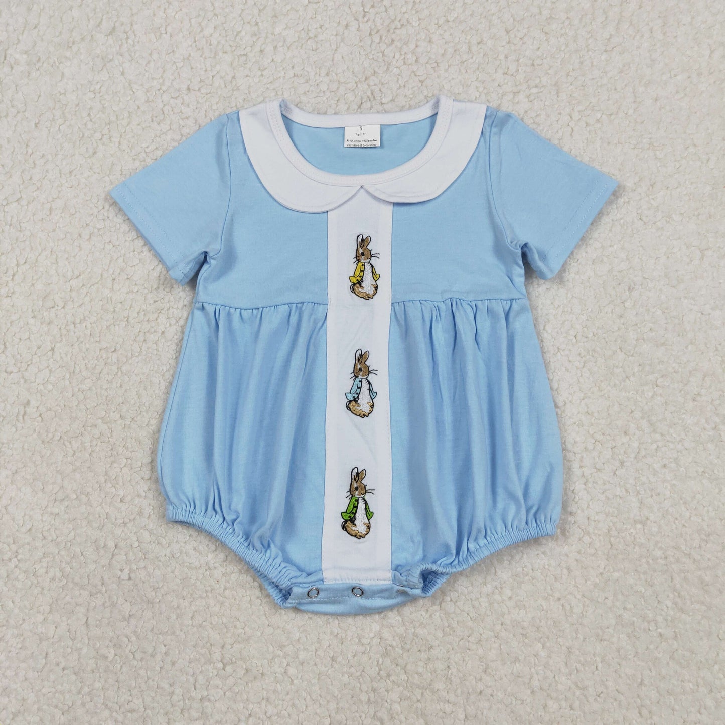 RTS NO MOQ（In Stock ) SR3383 Embroidered Easter Bunny Peter Pan Collar Blue Short-Sleeve Onesie