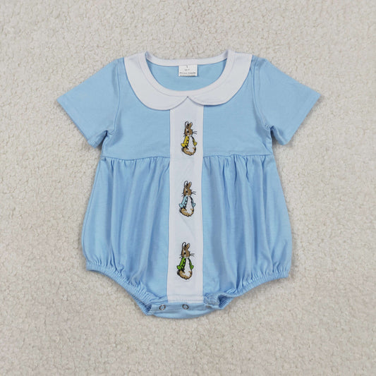 RTS NO MOQ（In Stock ) SR3383 Embroidered Easter Bunny Peter Pan Collar Blue Short-Sleeve Onesie