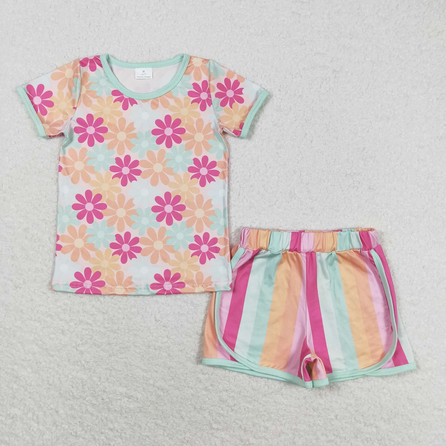 rts no moq GSSO1297 Flower short-sleeved colorful striped shorts set