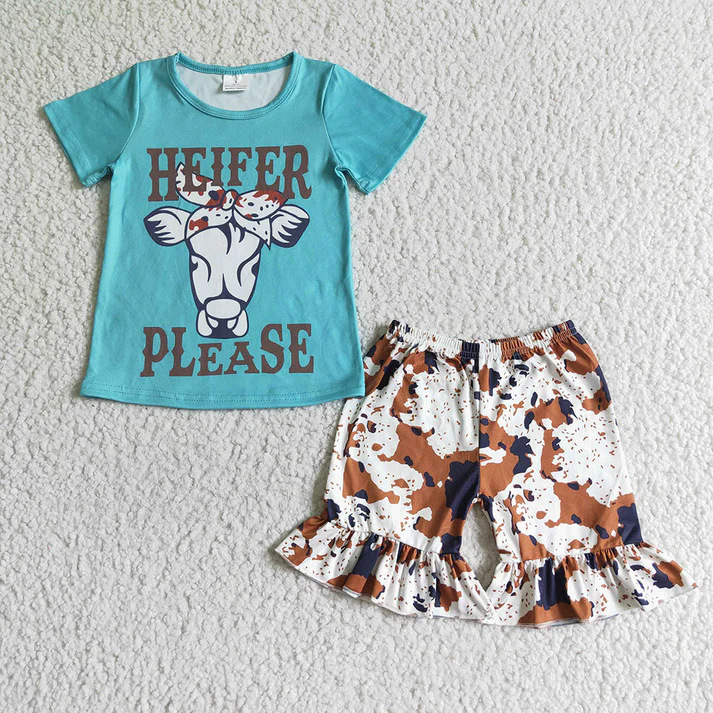 RTS NO MOQ baby girls western cow head short sleeve shorts Sets