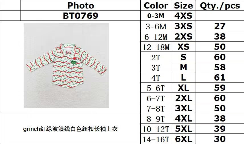 rts no moq BT0769 grinch red and green wavy line white button long-sleeved top