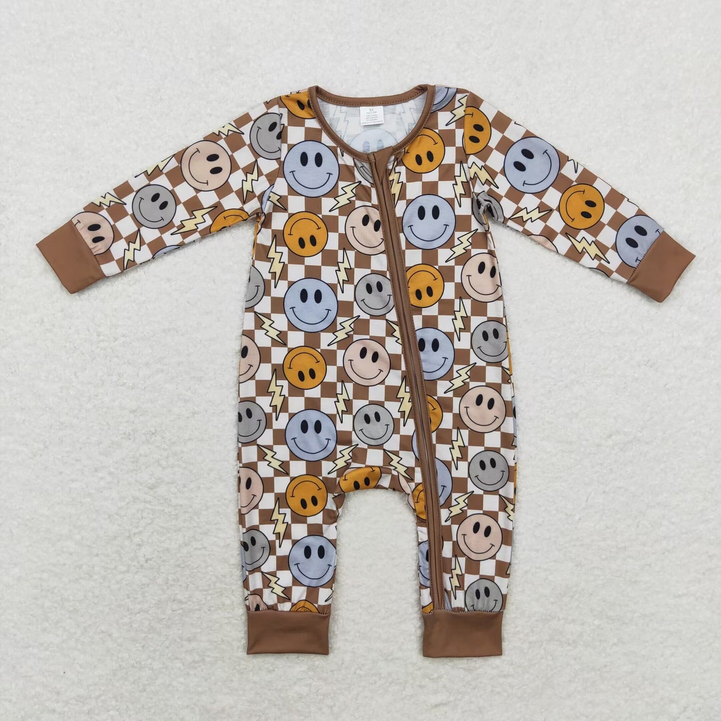 bamboo rts no moq LR0961 Modal smiley face lightning brown plaid zipper long-sleeved jumpsuit