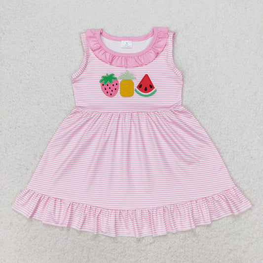 RTS no moq GSD1055 Embroidered Strawberry Pineapple Watermelon Striped Pink Lace Sleeveless Dress