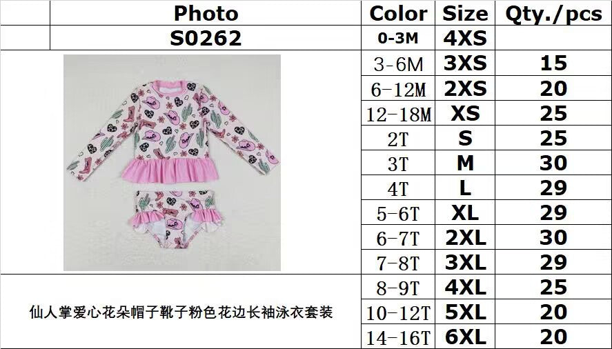 S0262 Cactus Love Flower Hat Boots Pink Lace Long Sleeve Swimsuit Suit