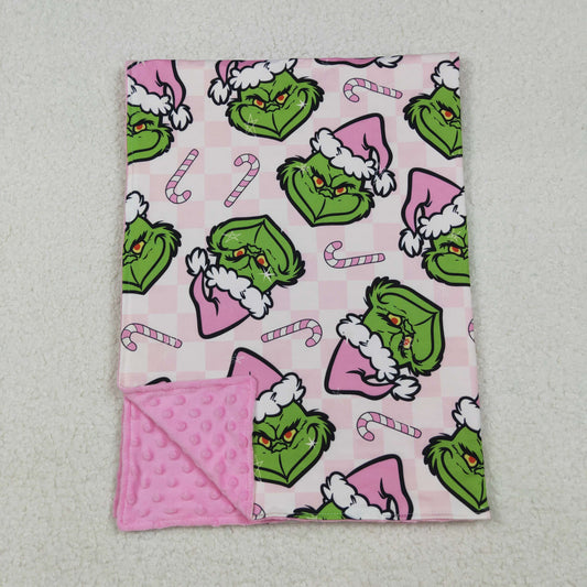 RTS NO MOQ（In Stock) BL0225 Christmas cartoon Candy Cane Pink and White Plaid Baby Blanket