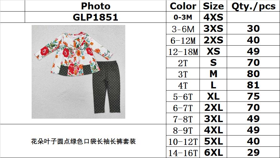 RTS NO MOQ ETA 5/7days Arrived GLP1851 Flower leaf polka dot green pocket long-sleeved pants set