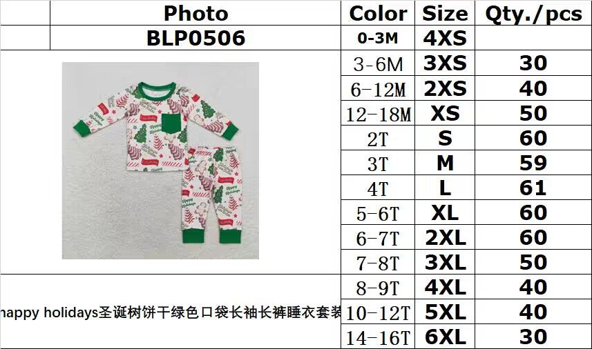 rts no moq BLP0506 happy holidays Christmas tree cookie green pocket long sleeve long pants pajama set