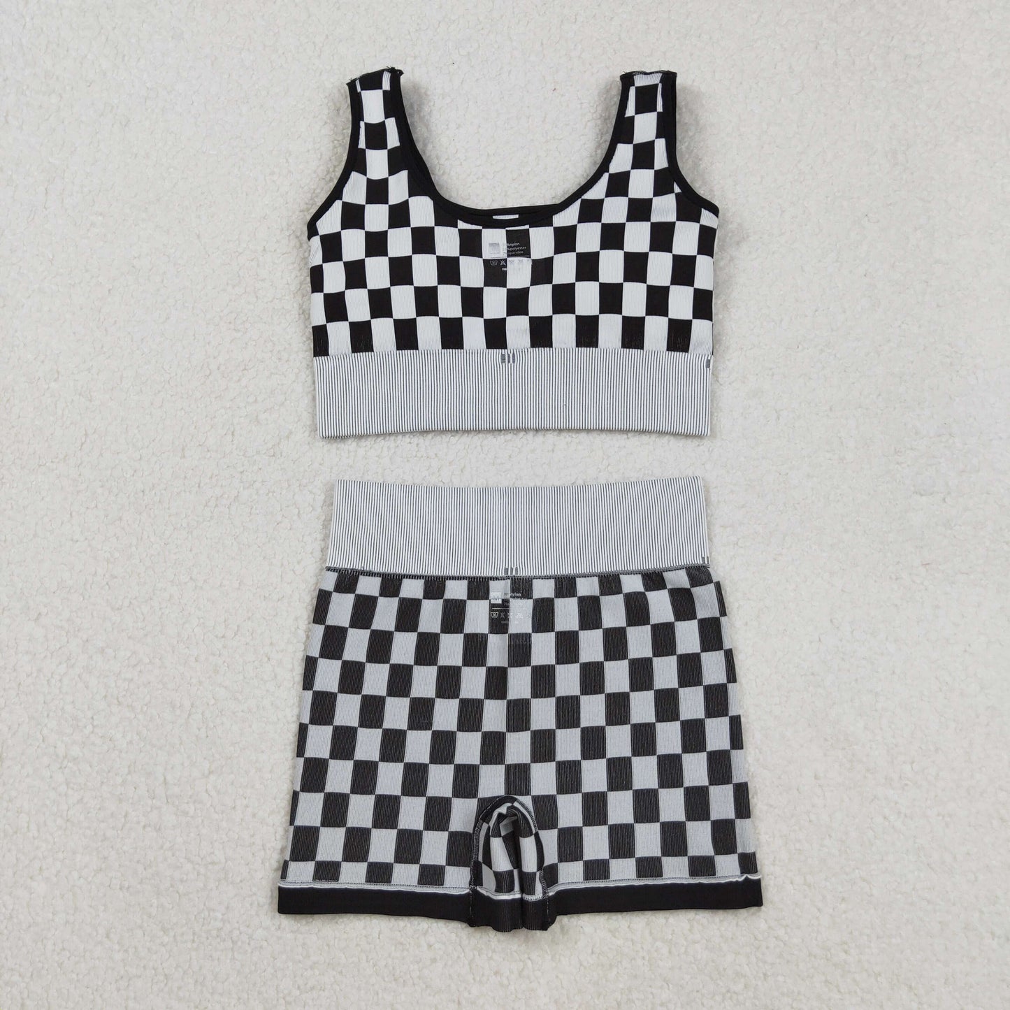 RTS NO MOQ（In Stock) GT1189+SS0644 Adult Women's Black and White Checkered Vest Shorts set