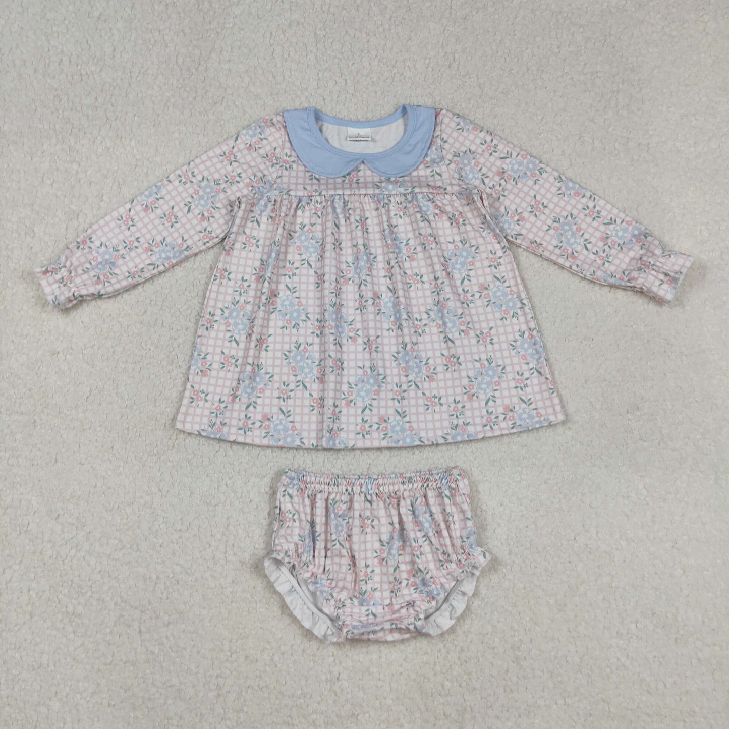 RTS NO MOQ（In Stock) GBO0466 Blue flower and leaf pink plaid doll collar long-sleeved briefs set