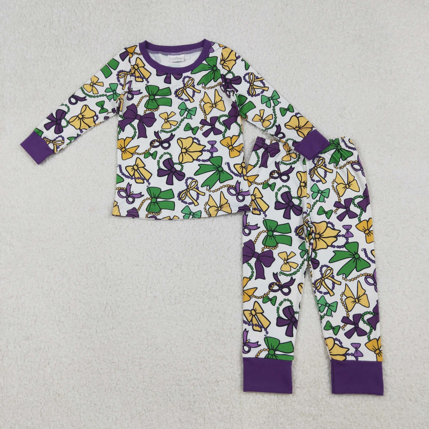 RTS NO MOQ（In Stock) 12/18m-7/8t GLP2872 Mardi Gras Bow Necklace Purple-White Long Sleeve Trouser Pajama Set