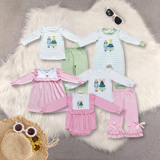 RTS NO MOQ Sibling baby boy girls clothes Embroidered Christmas Tree Pattern Boys and Girls Long Sleeve Suit and dress and romper