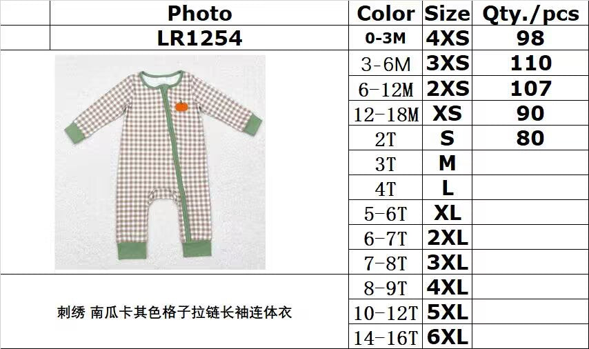 rts no moq LR1254 Embroidered Pumpkin Khaki Plaid Zipper Long Sleeve Bodysuit