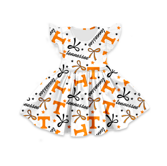 custom moq 3 eta 6-7weeks baby girls clothes bow orange flying Sleeves Dress