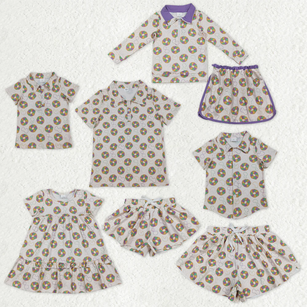 RTS NO MOQ Sibling baby girl boy clothes mardi gras nceklace short sleeve top and dresses and skirts sets and skirts and adult top and adult skirts