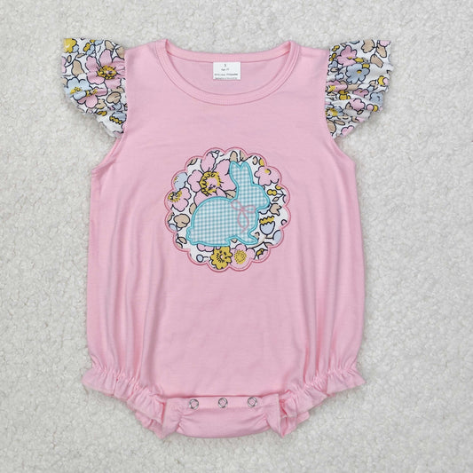 RTS NO MOQ ETA 5/7days arrived SR2054 Embroidery Easter flower floral plaid bunny pink flying sleeve vest jumpsuit