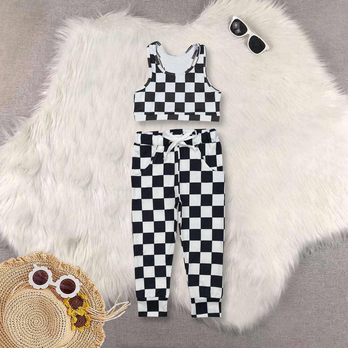 RTS NO MOQ Sibling baby girl clothes plaid short-sleeved top lace trousers sets and top and pants