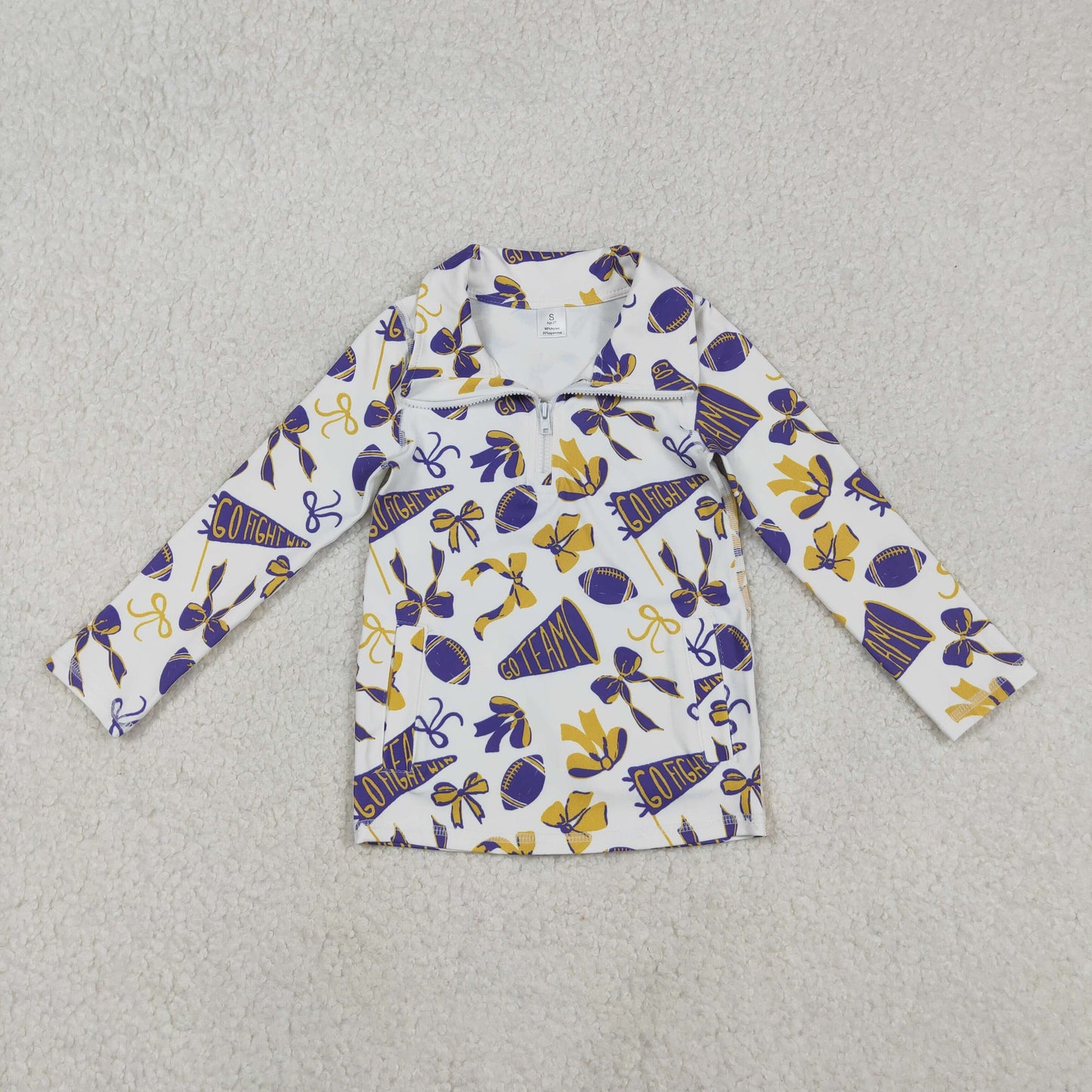 RTS NO MOQ（In Stock) GT1226 Football yellow and purple flared bow pattern zip-up yoga long-sleeved top