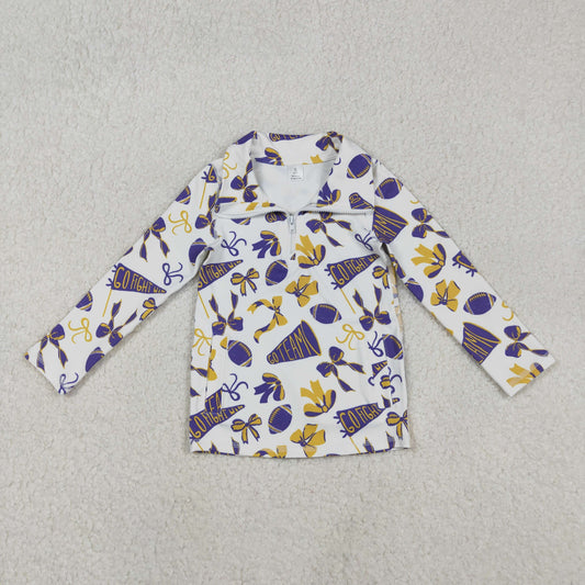 RTS NO MOQ（In Stock) GT1226 Football yellow and purple flared bow pattern zip-up yoga long-sleeved top