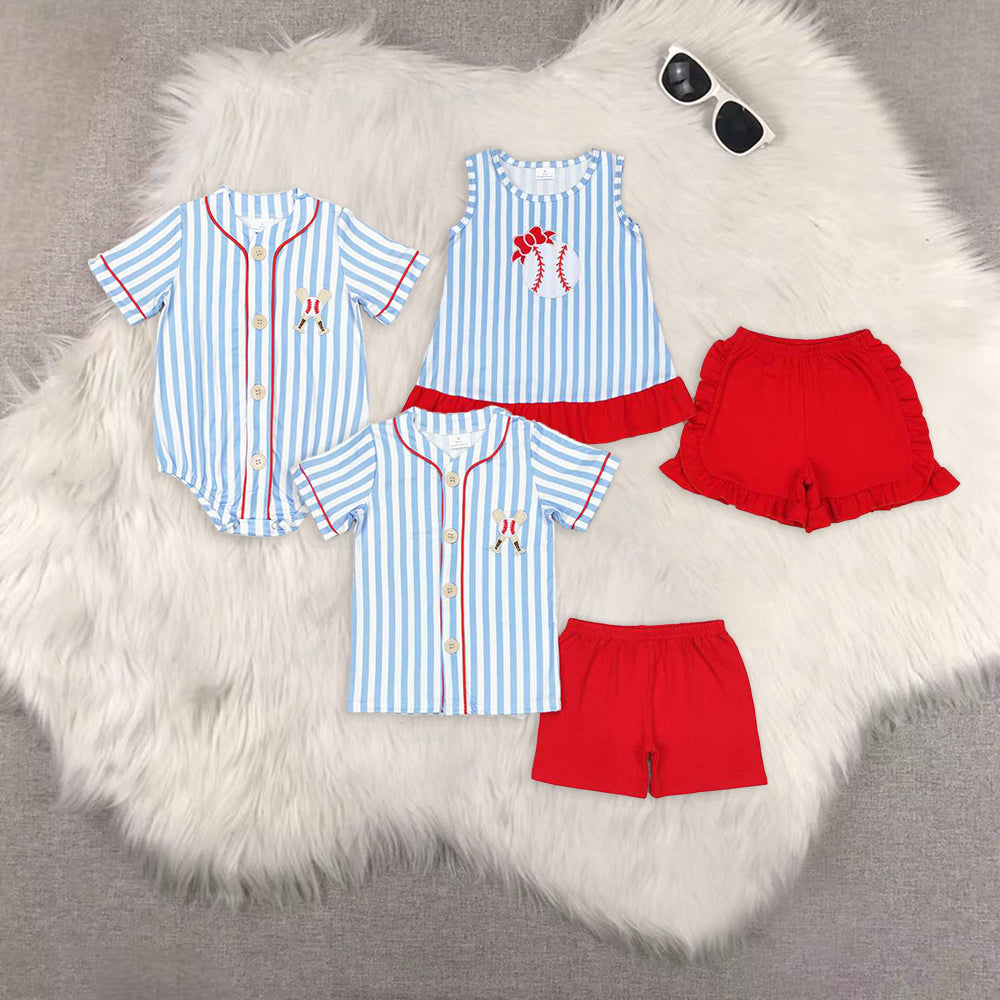 RTS NO MOQ baby girl clothes embroidery baseball short-sleeved shorts sets and romper