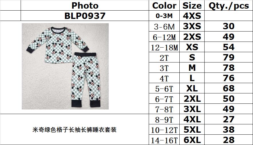RTS NO MOQ BLP0937 Mickey green plaid long-sleeved trousers pajama set