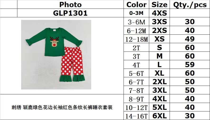 rts no moq GLP1301 Embroidered reindeer green lace long sleeve red striped trousers pajamas set