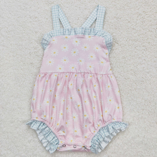 SR1182 Daisy flower plaid lace pink vest jumpsuit